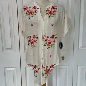 AUW Cream Embroidered Tie Front Blouse